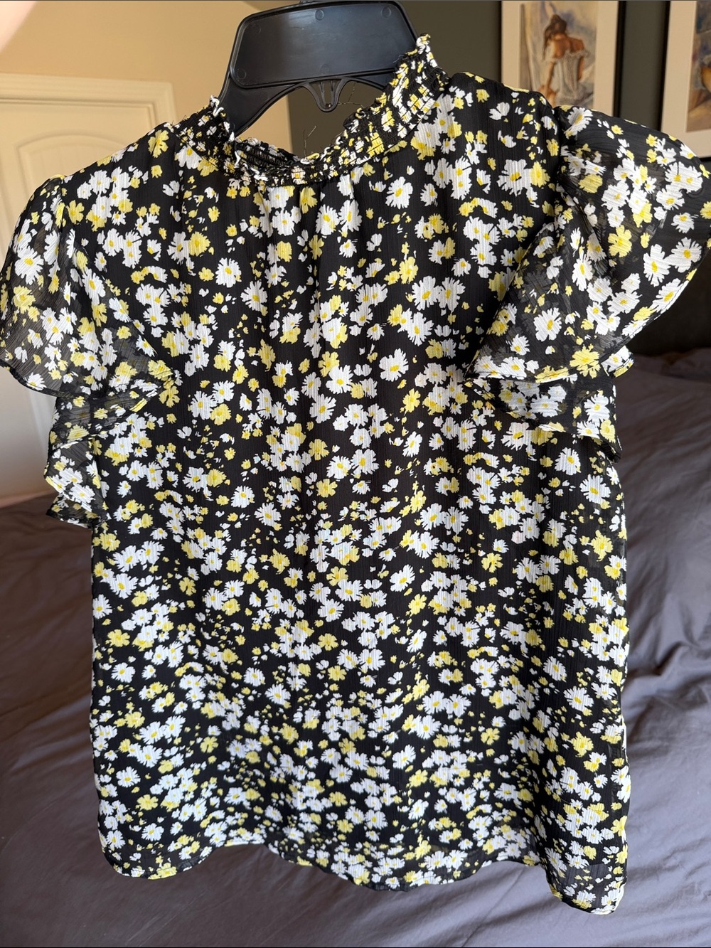 CeCe Black Daisy Flutter-Sleeve Blouse with Yellow Accents